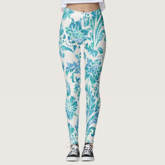 Elegant Blue Damask Patroon Leggings (Voorkant)