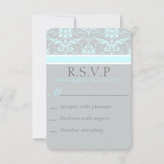 Elegant Blue Damask RSVP-kaart RSVP Kaartje (Voorkant)