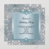 Elegant Blue Damask Silver Birthday Party Kaart (Voorkant / Achterkant)