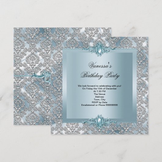Elegant Blue Damask Silver Birthday Party Kaart (Voorkant / Achterkant)
