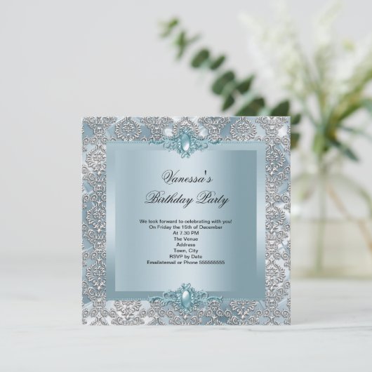 Elegant Blue Damask Silver Birthday Party Kaart (Staand voorkant)