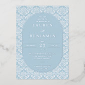 Elegant Blue Damask Wedding Invitation Folie Uitnodiging (Voorkant)