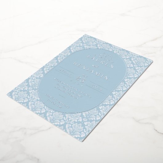Elegant Blue Damask Wedding Invitation Folie Uitnodiging (Gedraaid)
