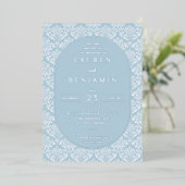 Elegant Blue Damask Wedding Invitation Folie Uitnodiging (Staand Voorkant)