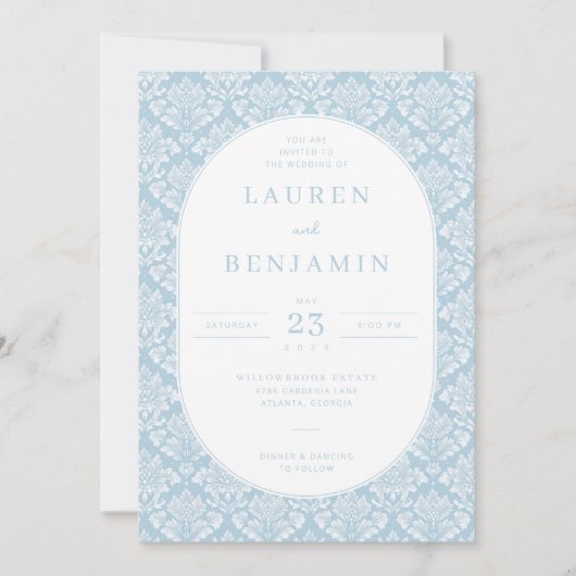 Elegant Blue Damask Wedding Invitation Kaart (Voorkant)