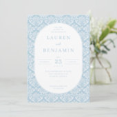 Elegant Blue Damask Wedding Invitation Kaart (Staand voorkant)