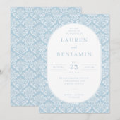 Elegant Blue Damask Wedding Invitation Kaart (Voorkant / Achterkant)