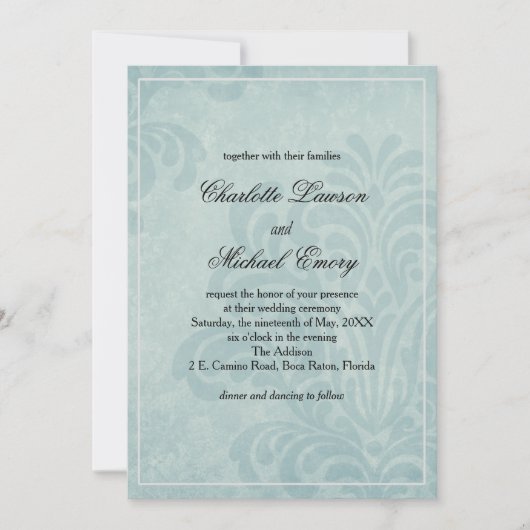 Elegant Blue Damask Wedding Kaart (Voorkant)