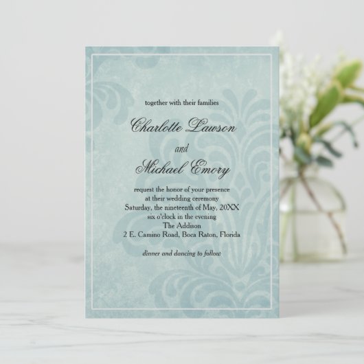 Elegant Blue Damask Wedding Kaart (Staand voorkant)
