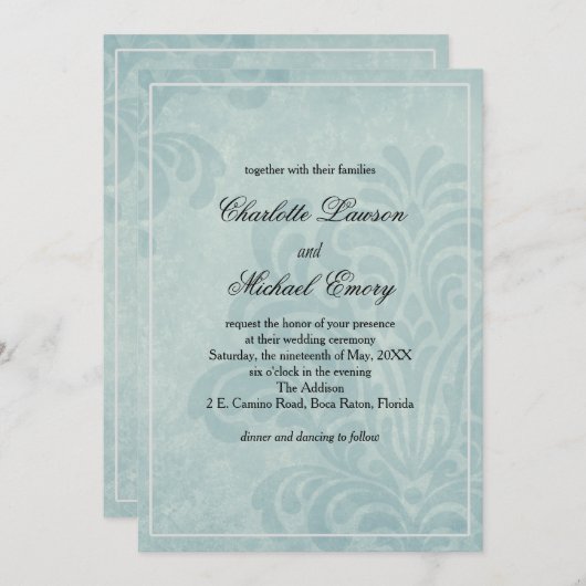 Elegant Blue Damask Wedding Kaart (Voorkant / Achterkant)
