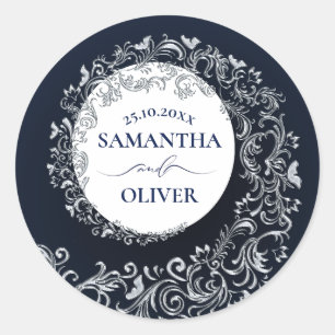 Elegant Blue Damask Wedding Ronde Sticker