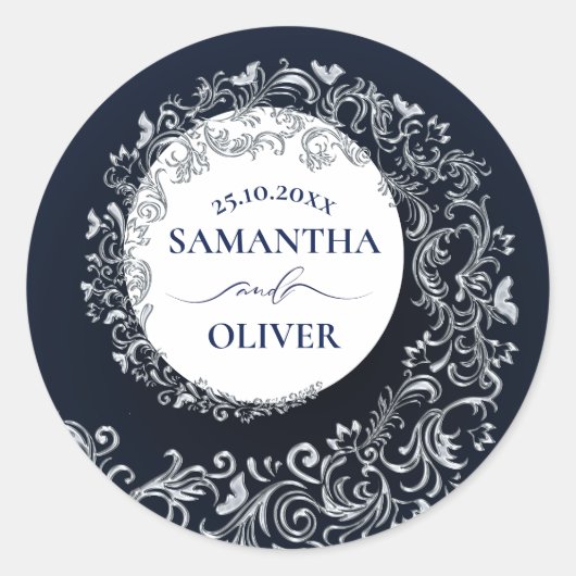 Elegant Blue Damask Wedding Ronde Sticker (Voorkant)