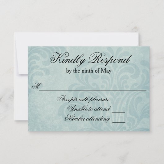Elegant Blue Damask Wedding RSVP (Voorkant)