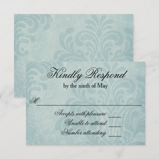 Elegant Blue Damask Wedding RSVP (Voorkant / Achterkant)