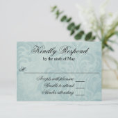 Elegant Blue Damask Wedding RSVP Kaartje (Staand voorkant)