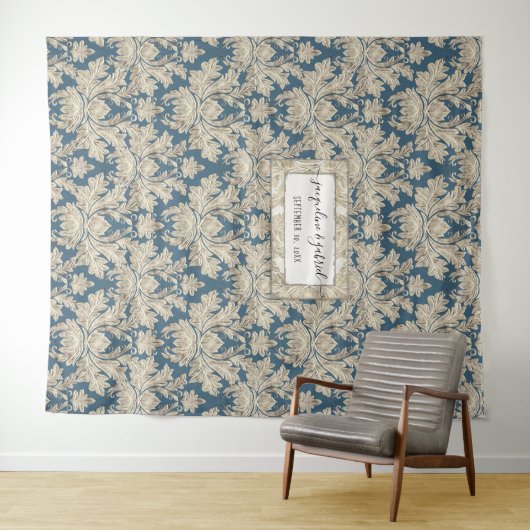  Elegant Blue Damask Weduwfoto Achtergrond Wandkleed (In Situ (horizontaal))