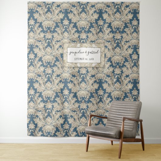 Elegant Blue Damask Weduwfoto Achtergrond Wandkleed (In situ)
