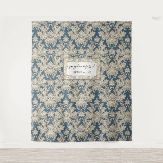  Elegant Blue Damask Weduwfoto Achtergrond Wandkleed (Voorkant)