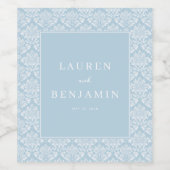 Elegant Blue Damask Wijn Etiket (Enkel label)