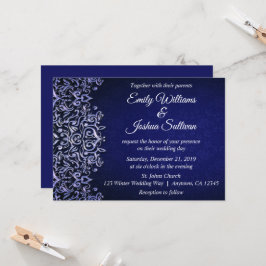 Elegant Blue Damask Winter Wedding Kaart