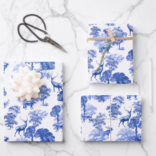 Elegant  Blue Deer Fox Country Toile Inpakpapier Vel (Voorkant)