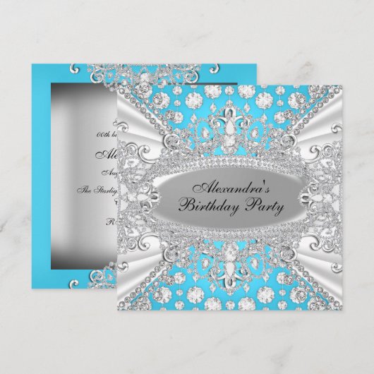 Elegant Blue Diamond Jewel Birthday Party Invite Kaart (Voorkant / Achterkant)