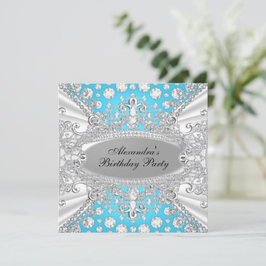 Elegant Blue Diamond Jewel Birthday Party Invite Kaart (Staand voorkant)