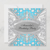 Elegant Blue Diamond Jewel Birthday Party Invite Kaart (Voorkant)