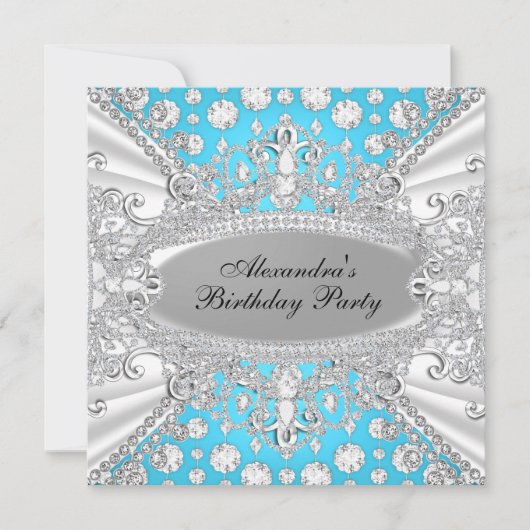 Elegant Blue Diamond Jewel Birthday Party Invite Kaart (Voorkant)