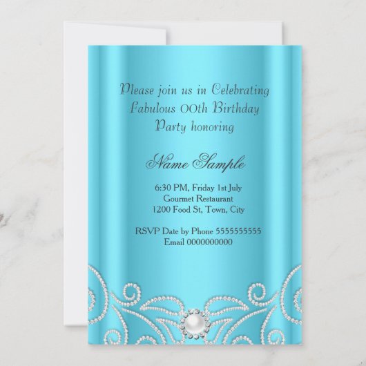 Elegant  Blue Diamond Pearl Birthday Party Kaart (Achterkant)