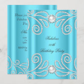 Elegant  Blue Diamond Pearl Birthday Party Kaart (Voorkant / Achterkant)