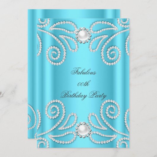 Elegant  Blue Diamond Pearl Birthday Party Kaart (Voorkant / Achterkant)