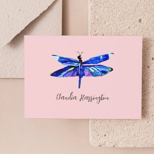 Elegant Blue Dragonfly roze handgetekende Waterver Notitiekaartje