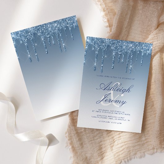 Elegant Blue Driving Glitter Script Weddenschap Kaart