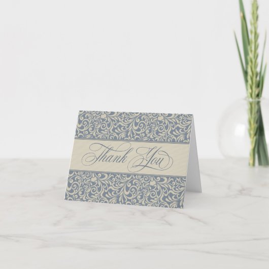 Elegant Blue en Beige Baroque Damask Hartelijk dan Bedankkaart (Voorkant)