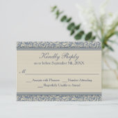 Elegant Blue en beige Baroque Wedding RSVP (Staand voorkant)