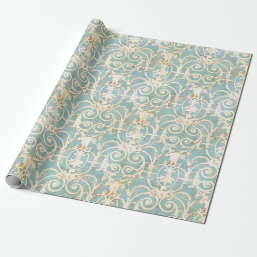 Elegant Blue en Beige Damask Cadeaupapier (Uitgerold)