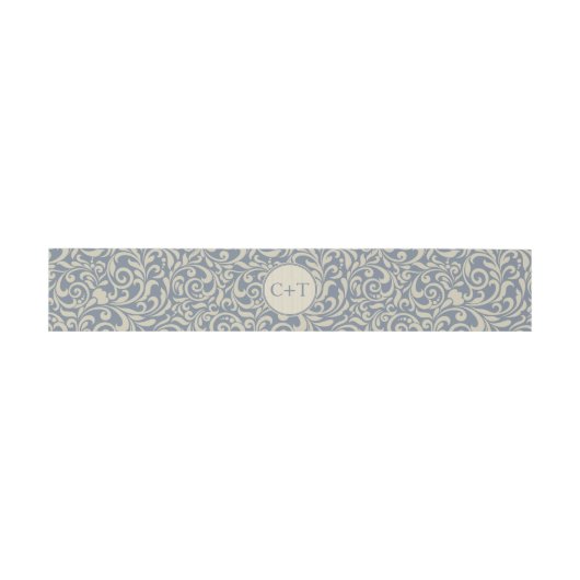 Elegant Blue en Beige Damask met Initialen Uitnodigingen Wikkel (Vlak)