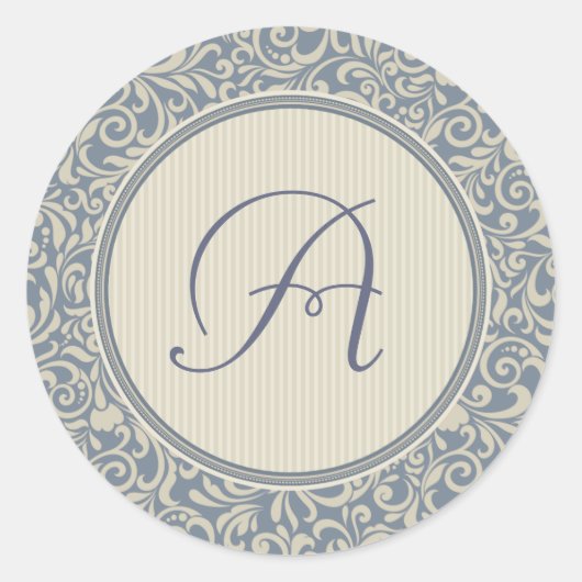 Elegant Blue en Beige Damask met Monogram Ronde Sticker (Voorkant)
