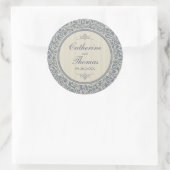 Elegant Blue en Beige Damask Pattern Wedding Ronde Sticker (Tas)