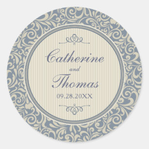 Elegant Blue en Beige Damask Pattern Wedding Ronde Sticker