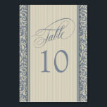 Elegant Blue en beige Damask Table Number Kaart<br><div class="desc">Een elegant ontwerp van het lijstaantal voor trouwrecepties, banket, of grote bijeenkomsten. Het bevat een prachtig blauw en beige barokdemaspatroon met subtiele beige gestreept beige bekleding met het (de) tabelnummer(s) aan beide zijden. Om tot een groep lijstkaarten voor uw gebeurtenis opdracht te geven, zult u een afzonderlijke kaart voor elk...</div>