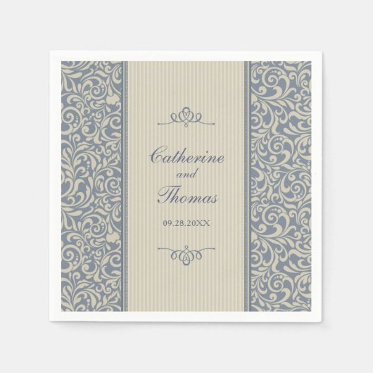Elegant Blue en Beige Pattern Wedding Servetten (Voorkant)