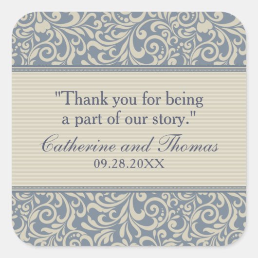 Elegant Blue en Beige Pattern Wedding Vierkante Sticker (Voorkant)