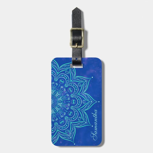 Elegant Blue en Blauwgroen Aqua Mandala Monogramme Bagagelabel (Voorkant verticaal)