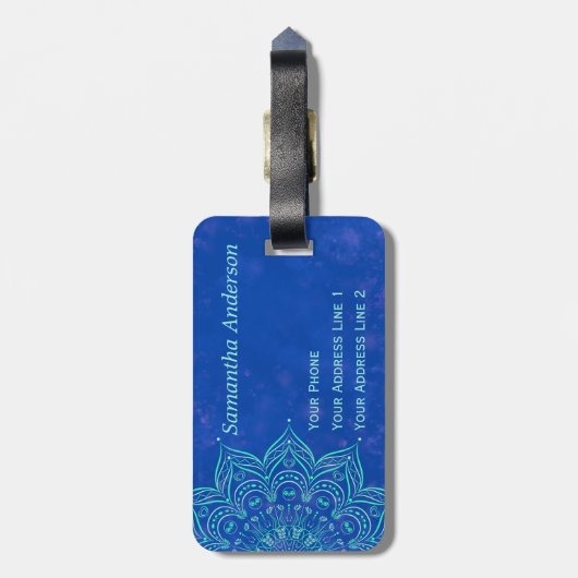 Elegant Blue en Blauwgroen Aqua Mandala Monogramme Bagagelabel (Achterkant verticaal)