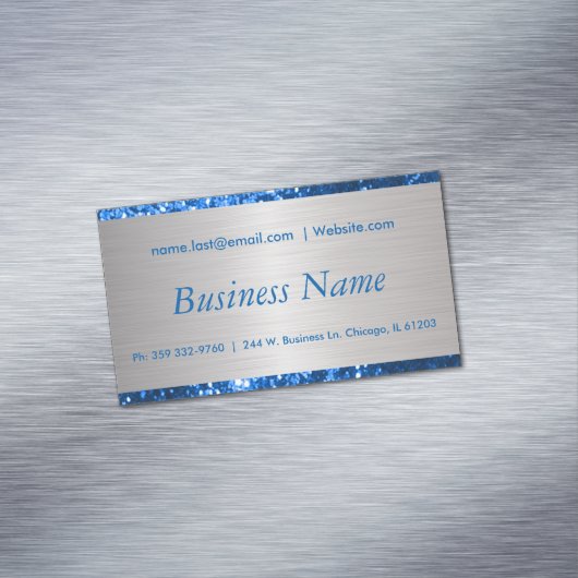 Elegant Blue en Brush Silver Steel Visitekaartje Magneet (Voorbeeld)