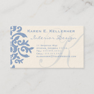 Elegant Blue en Cream Damask Letter E Visitekaartje