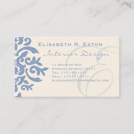 Elegant Blue en Cream Damask Letter E Visitekaartje (Voorkant)
