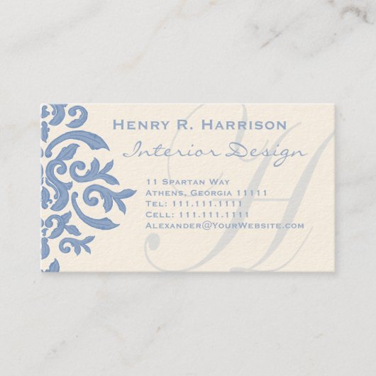 Elegant Blue en Cream Damask Letter H Visitekaartje (Voorkant)